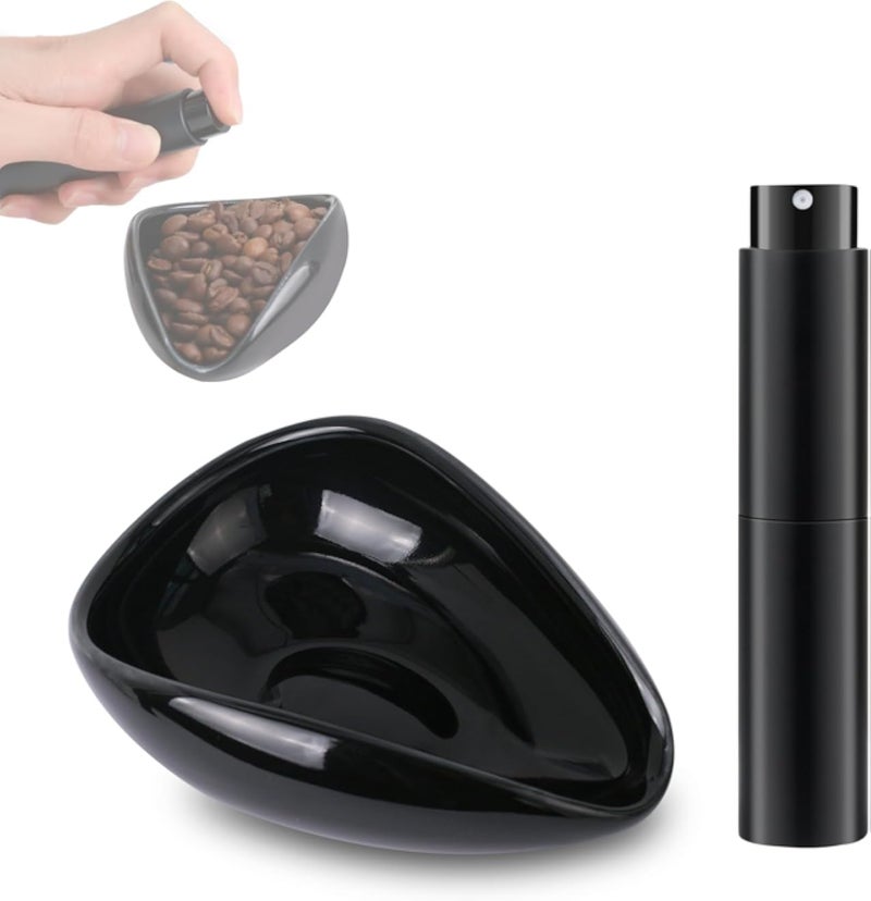 Coffee Bean Dosing Cup and Spray Bottle Kit - Ceramic Single Dosing Tray,Static Reducing Spray (Glossy Black)